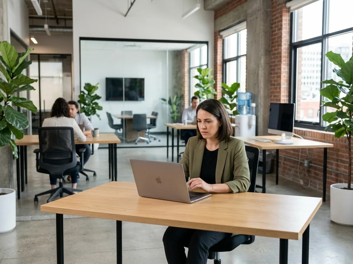 An employee working on a laptop in a modern office