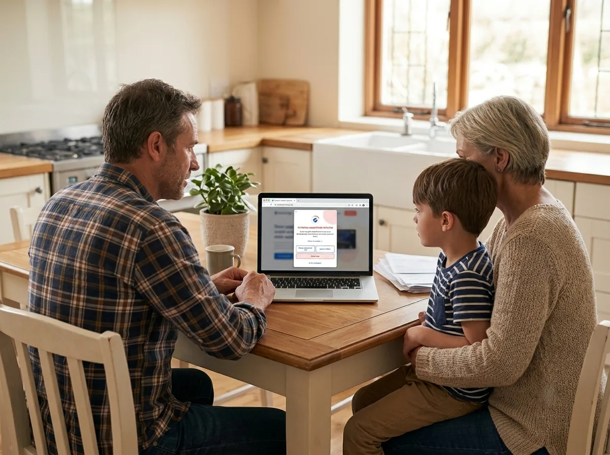 A family at the kitchen table looking at a laptop while SafeToOpen flags an unsafe page